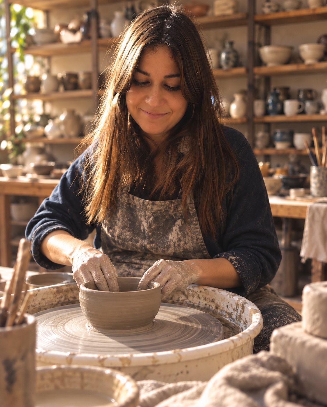 Sinem at the pottery wheel in a warmly lit pottery studio.